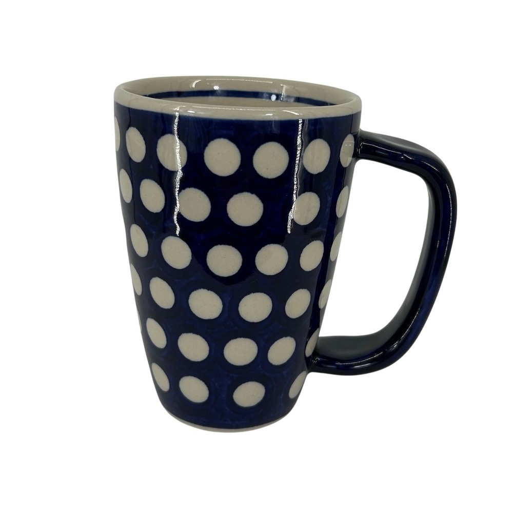 Andy Polish Pottery Boleslawiec Unikat Mug Blue White Polka Dot Hand Painted